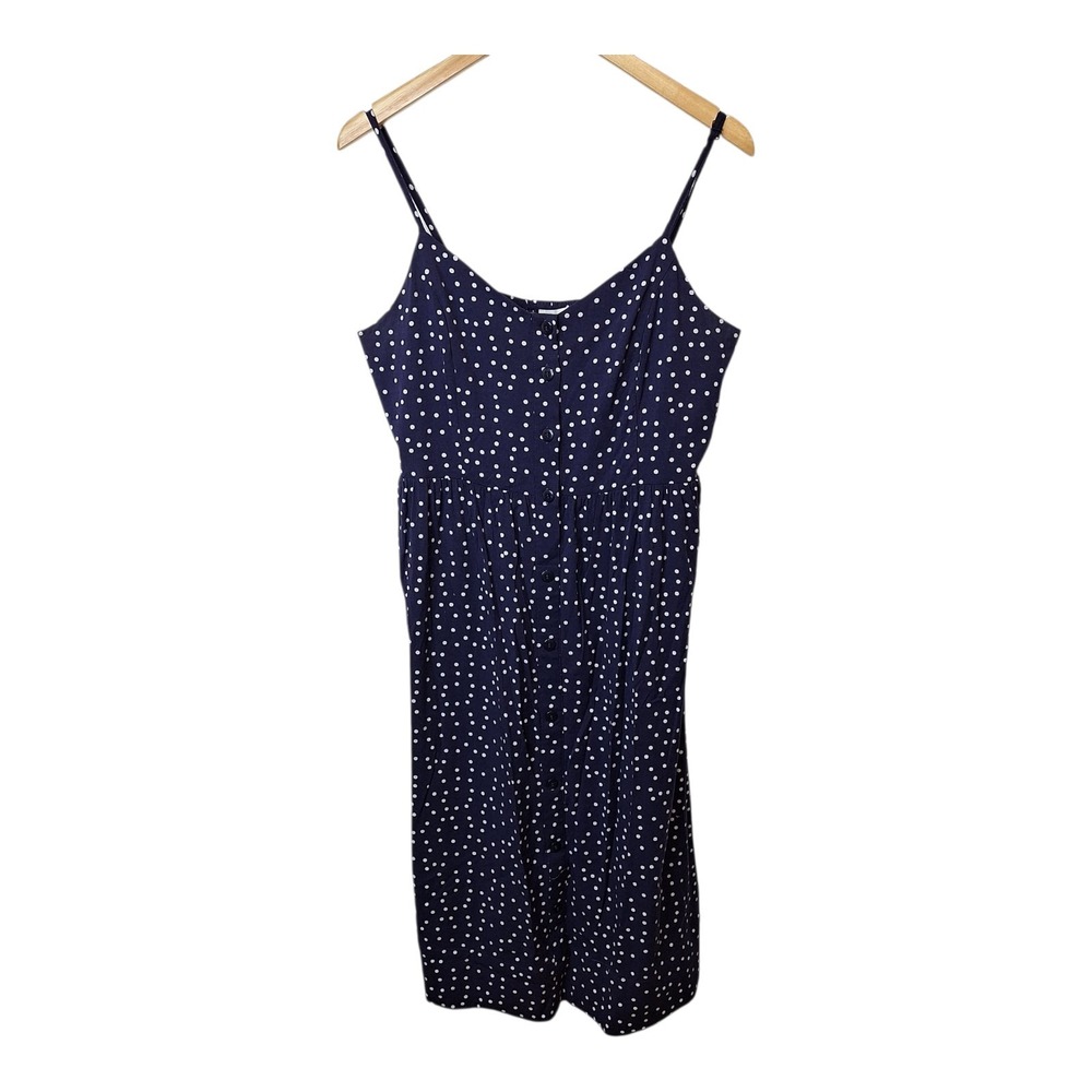 41 Hawthorn Beatriz Button Front Smocked Back Midi Dress Size L Navy & White Dot